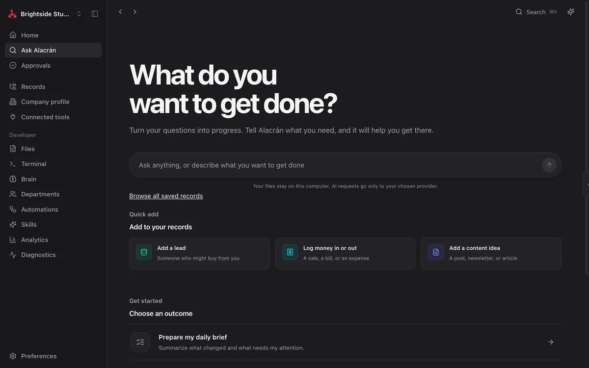 Ask Alacrán screen with a question box, quick add for leads, money and content, and suggested outcomes