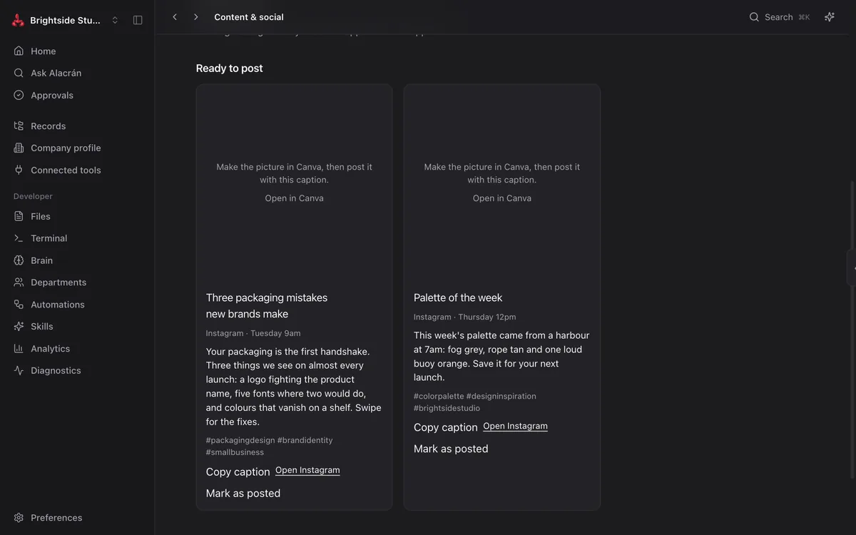 Content and social screen with two approved Instagram posts ready to copy and post