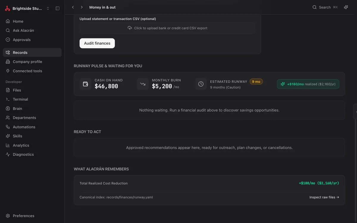 Money in and out screen with cash on hand, monthly burn, estimated runway, and realized savings