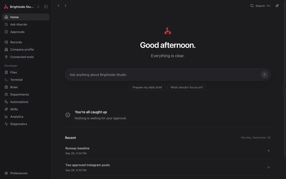 Alacrán home screen with an ask box, daily brief shortcut, approvals status, and recent changes